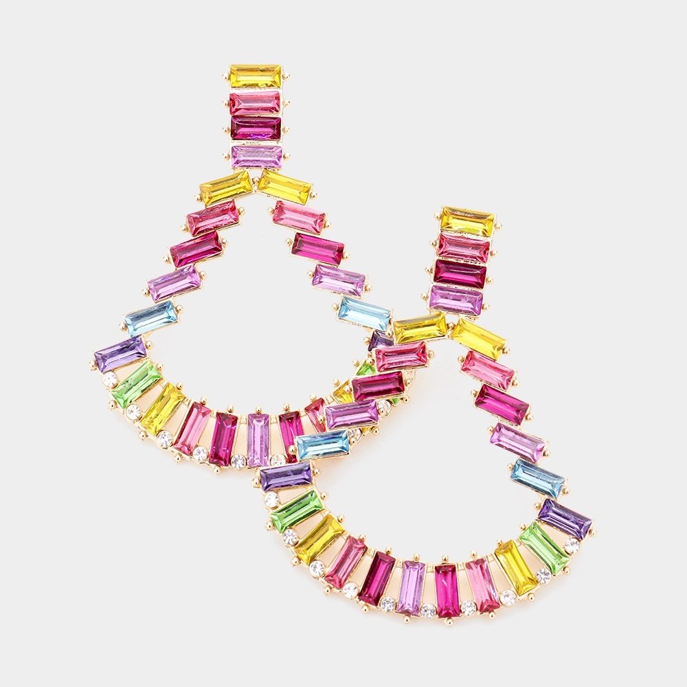 Rainbow Baguette Crystal Statement Earrings Colorful Drop Earrings NWT